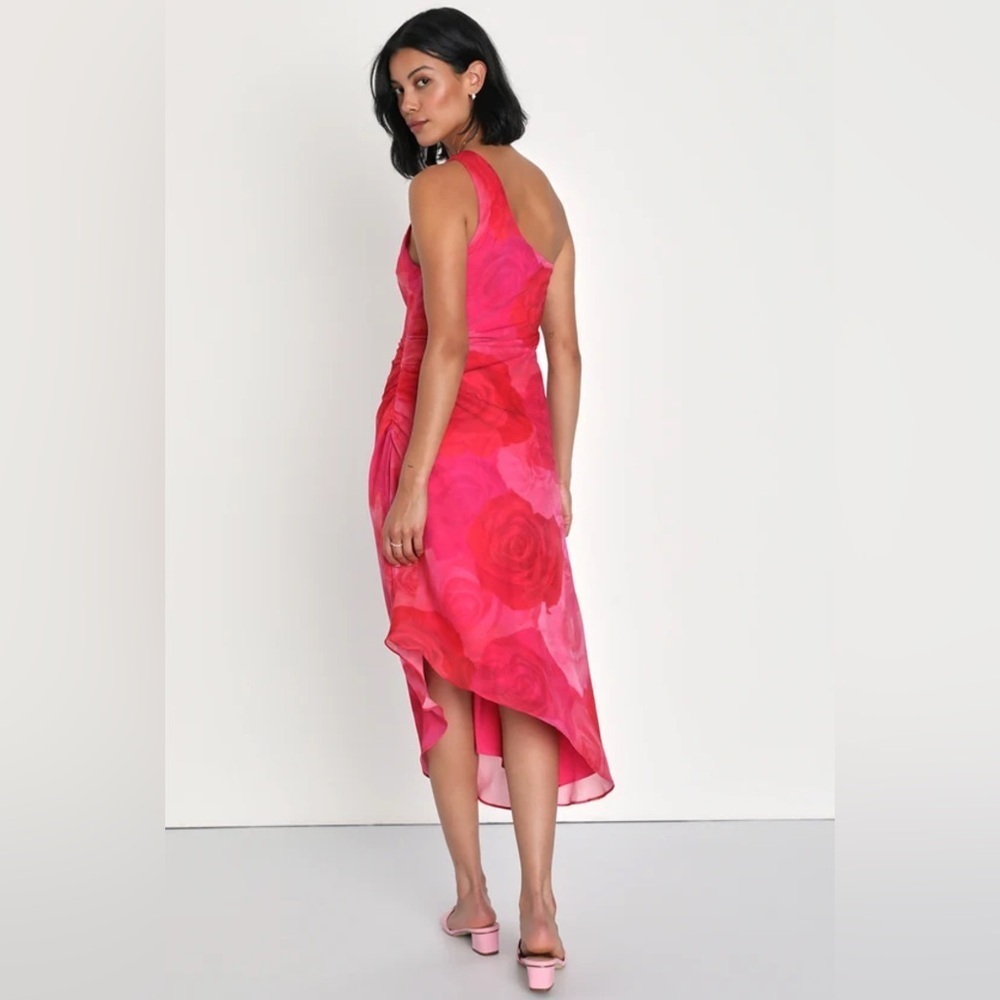 Lulus pretty Serene pink floral one shoulder asymmetrical midi dress Sz M nwot - Picture 4 of 4